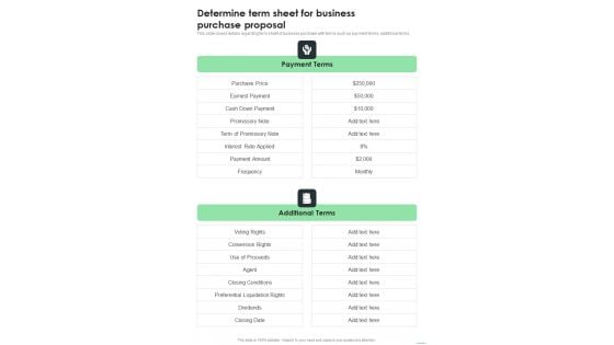 Determine Term Sheet For Business Purchase Proposal One Pager Sample Example Document