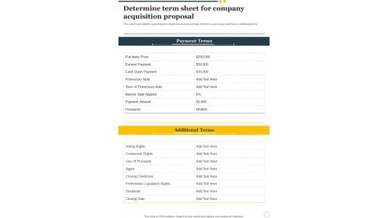Determine Term Sheet For Company Acquisition Proposal One Pager Sample Example Document