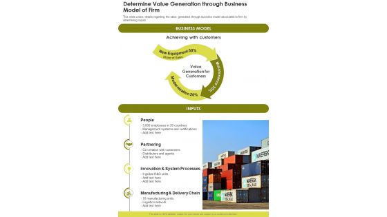 Determine Value Generation Through Business Model Of Firm One Pager Documents Determine Value Generation Through Business Model Of Firm One Pager Documents