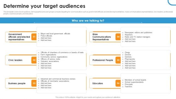 Determine Your Target Audiences Ppt Gallery Infographics PDF