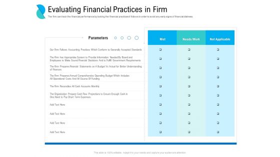 Determining Crisis Management BCP Evaluating Financial Practices In Firm Ppt PowerPoint Presentation Summary Graphics Example PDF