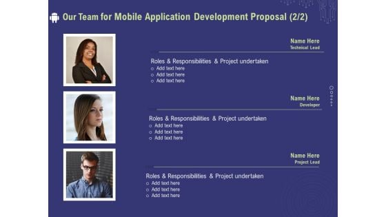 Develop Cellphone Apps Our Team For Mobile Application Development Proposal Project Portrait PDF