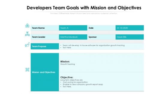 Developers Team Goals With Mission And Objectives Ppt PowerPoint Presentation Show Layouts PDF