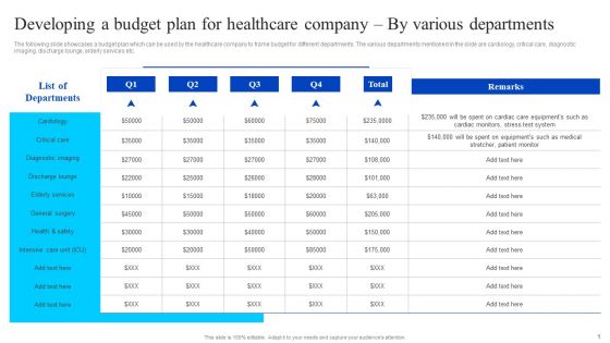 Developing A Budget Plan For Healthcare Company By Various Departments Graphics PDF