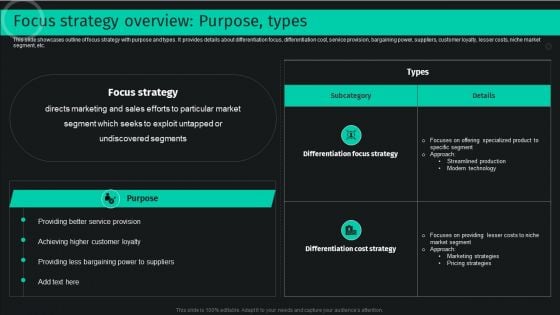 Developing And Achieving Sustainable Competitive Advantage Focus Strategy Overview Purpose Types Brochure PDF