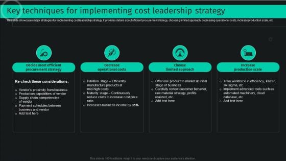 Developing And Achieving Sustainable Competitive Advantage Key Techniques For Implementing Cost Leadership Strategy Slides PDF