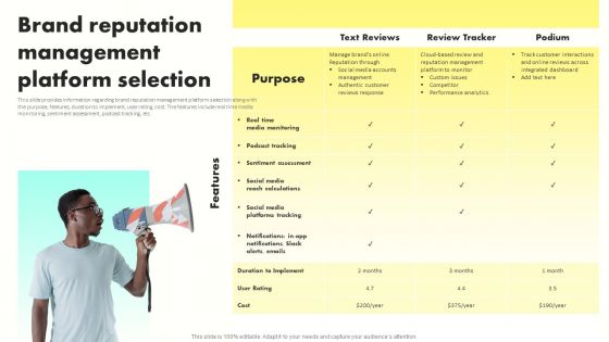 Developing Brand Awareness To Gain Customer Attention Brand Reputation Management Platform Selection Diagrams PDF