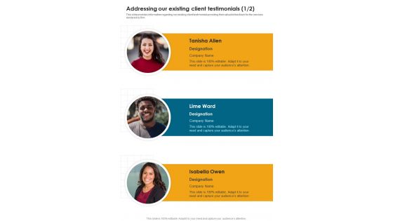 Developing Construction Funding Addressing Our Existing Client Testimonials One Pager Sample Example Document Developing Construction Funding Addressing Our Existing Client Testimonials One Pager Sample Example Document