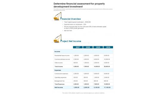 Developing Construction Funding Determine Financial Assessment For Property One Pager Sample Example Document