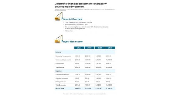 Developing Construction Funding Determine Financial Assessment For Property One Pager Sample Example Document