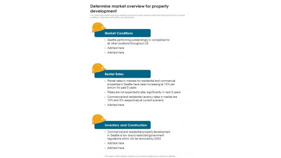 Developing Construction Funding Determine Market Overview For Property One Pager Sample Example Document