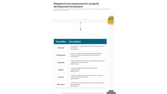 Developing Construction Funding Neighborhood Assessment For Property One Pager Sample Example Document Developing Construction Funding Neighborhood Assessment For Property One Pager Sample Example Document