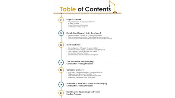 Developing Construction Funding Proposal Table Of Contents One Pager Sample Example Document