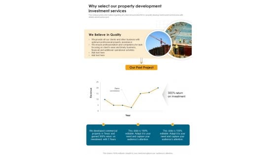 Developing Construction Funding Proposal Why Select Our Property Development One Pager Sample Example Document