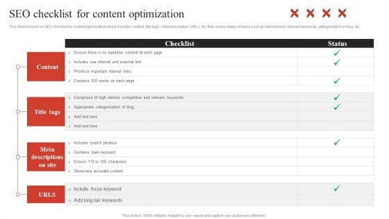 Developing Content Marketing Seo Checklist For Content Optimization Brochure PDF