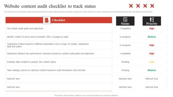 Developing Content Marketing Website Content Audit Checklist To Track Status Introduction PDF