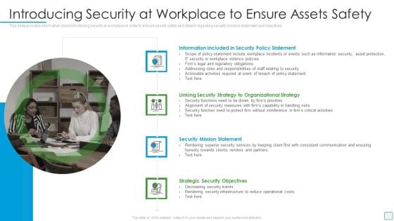 Developing Firm Security Strategy Plan Introducing Security At Workplace To Ensure Assets Safety Introduction PDF