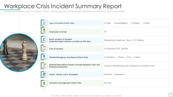 Developing Firm Security Strategy Plan Workplace Crisis Incident Summary Report Professional PDF