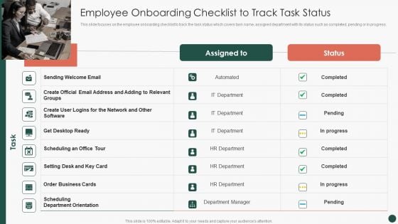 Developing HR Process Flow Employee Onboarding Checklist To Track Task Status Brochure PDF