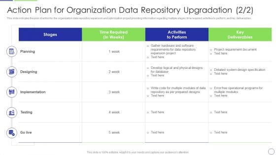 Developing Organization Primary Data Storage Action Plan Action Plan For Organization Data Repository Elements PDF