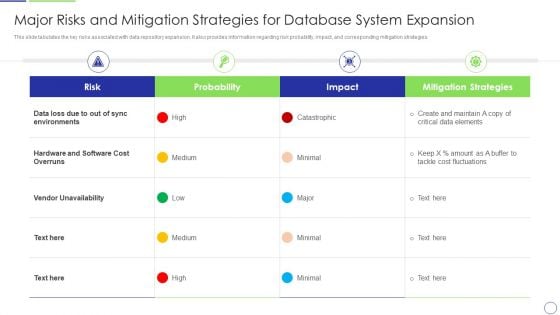 Developing Organization Primary Data Storage Action Plan Major Risks And Mitigation Strategies For Database System Guidelines PDF