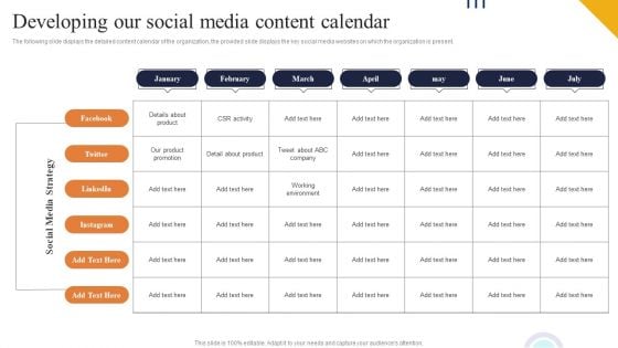 Developing Our Social Media Content Calendar Ppt PowerPoint Presentation Diagram Graph Charts PDF