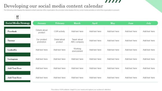 Developing Our Social Media Content Calendar Ppt PowerPoint Presentation File Model PDF