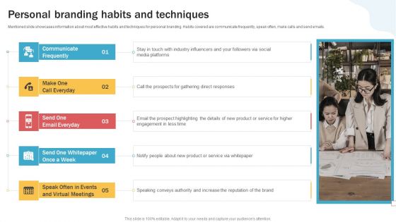 Developing Personal Brand On Social Media Channels Personal Branding Habits And Techniques Infographics PDF