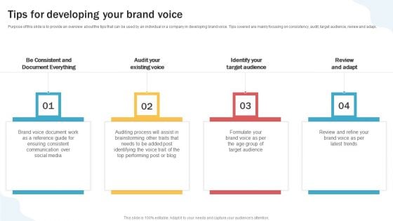 Developing Personal Brand On Social Media Channels Tips For Developing Your Brand Voice Slides PDF
