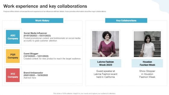 Developing Personal Brand On Social Media Channels Work Experience And Key Collaborations Infographics PDF Developing Personal Brand On Social Media Channels Work Experience And Key Collaborations Infographics PDF
