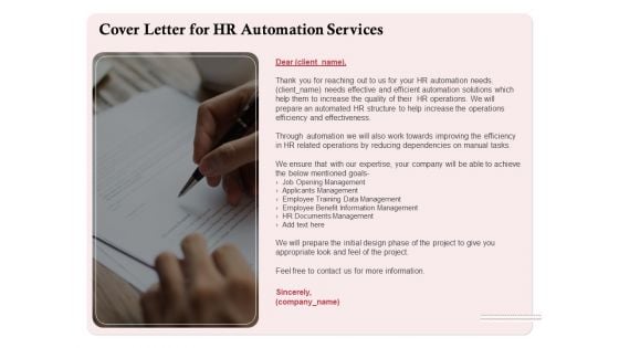 Development And Implementation Cover Letter For HR Automation Services Structure PDF