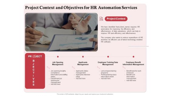 Development And Implementation Project Context And Objectives For HR Automation Services Icons PDF