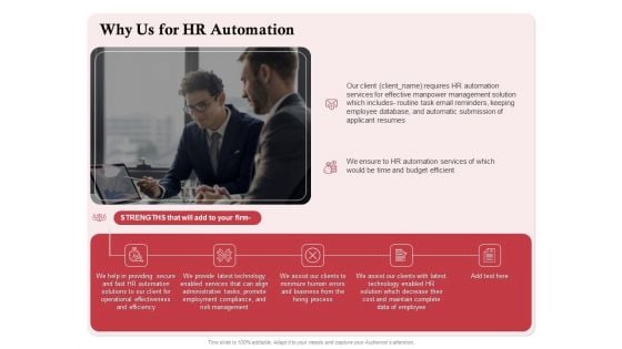 Development And Implementation Why Us For HR Automation Ppt Show Example Topics PDF