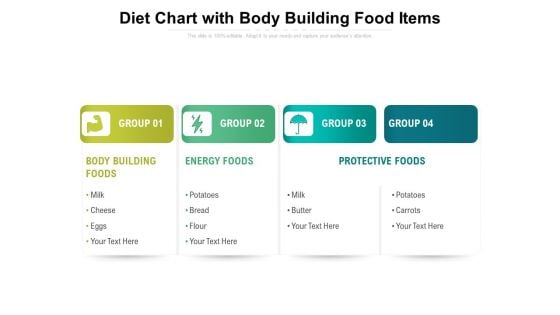 Diet Chart With Body Building Food Items Ppt PowerPoint Presentation Professional Graphics Pictures PDF