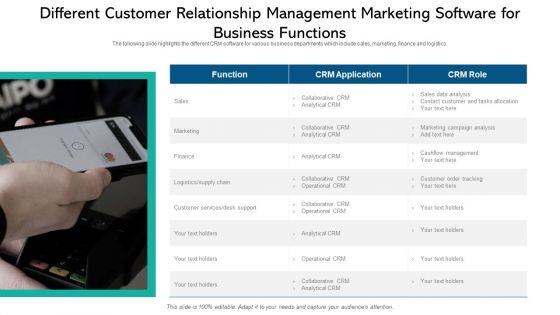 Different Customer Relationship Management Marketing Software For Business Functions Background Designs PDF