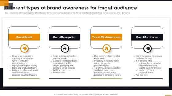 Different Types Of Brand Awareness For Target Audience Comprehensive Guide For Brand Recognition Ideas PDF