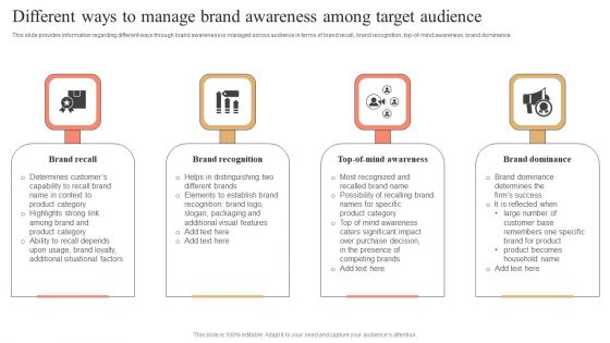 Different Ways To Manage Brand Awareness Among Target Audience Demonstration PDF