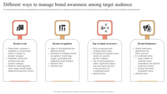 Different Ways To Manage Brand Awareness Among Target Audience Demonstration PDF Different Ways To Manage Brand Awareness Among Target Audience Demonstration PDF