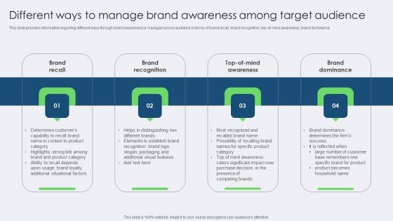 Different Ways To Manage Brand Awareness Among Target Audience Infographics PDF