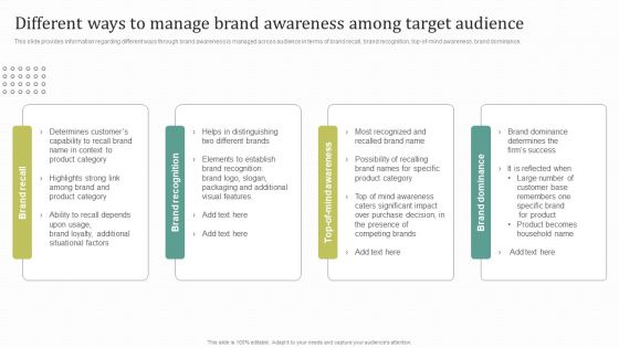 Different Ways To Manage Brand Awareness Among Target Audience Pictures PDF
