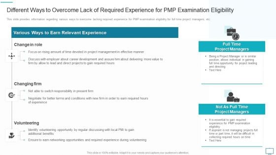 Different Ways To Overcome Lack Of Required Experience For PMP Examination Eligibility Summary PDF Different Ways To Overcome Lack Of Required Experience For PMP Examination Eligibility Summary PDF