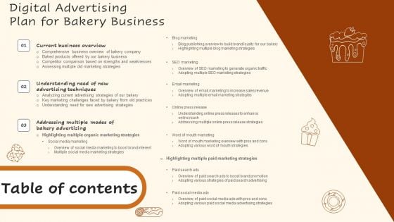 Digital Advertising Plan For Bakery Business Table Of Contents Professional PDF Digital Advertising Plan For Bakery Business Table Of Contents Professional PDF