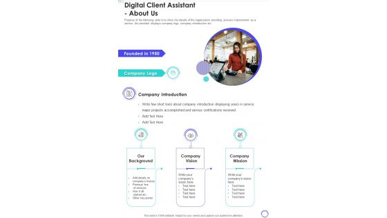 Digital Client Assistant About Us One Pager Sample Example Document