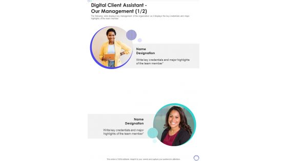 Digital Client Assistant Our Management One Pager Sample Example Document