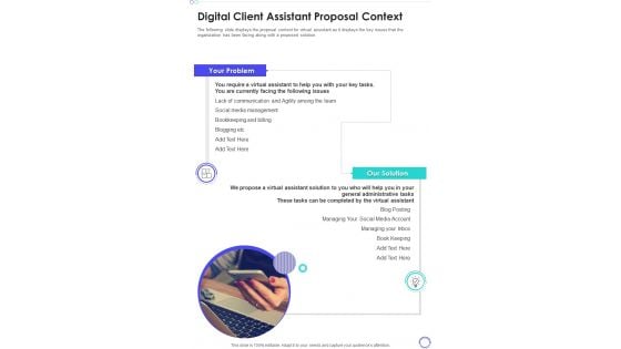 Digital Client Assistant Proposal Context One Pager Sample Example Document