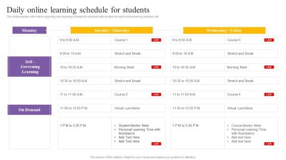 Digital Coaching And Learning Playbook Daily Online Learning Schedule For Students Summary PDF