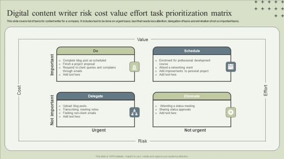 Digital Content Writer Risk Cost Value Effort Task Prioritization Matrix Information PDF