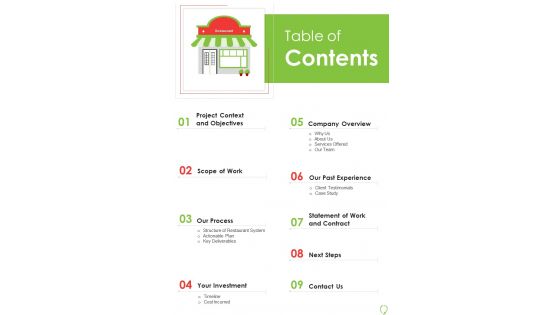Digital Food Ordering Administration Software Proposal Table Of Contents One Pager Sample Example Document Digital Food Ordering Administration Software Proposal Table Of Contents One Pager Sample Example Document