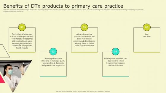 Digital Health Interventions Benefits Of Dtx Products To Primary Care Practice Icons PDF