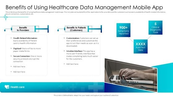 Digital Healthcare Applications Benefits Of Using Healthcare Data Management Mobile App Clipart PDF